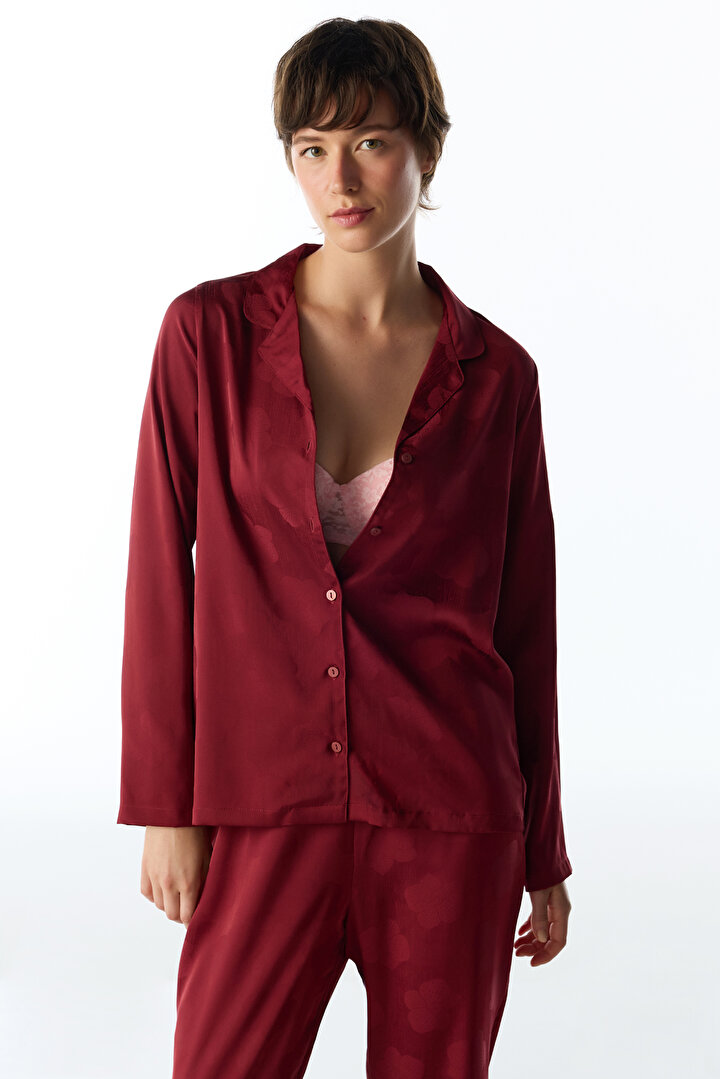 Bordo Orquidea Saten Çiçekli Uzun Kollu Gömlek Pantolon Pijama Takımı - 2