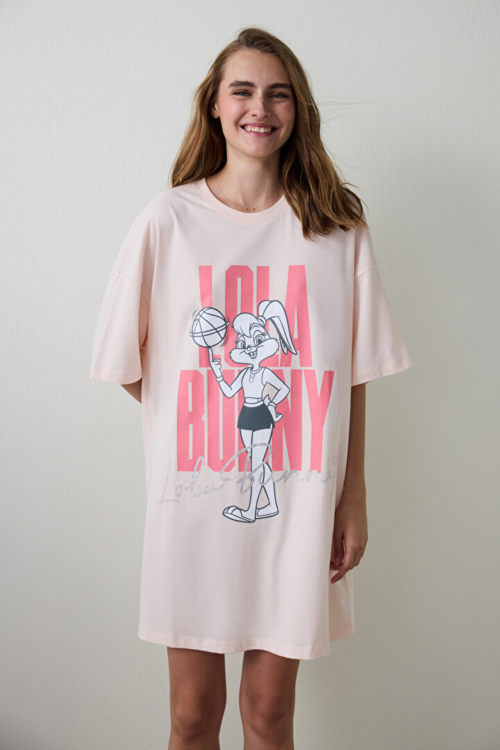 Açık Pembe Looney Tunes Lola Bunny Kısa Kollu Termal Etkisi Gecelik - 1