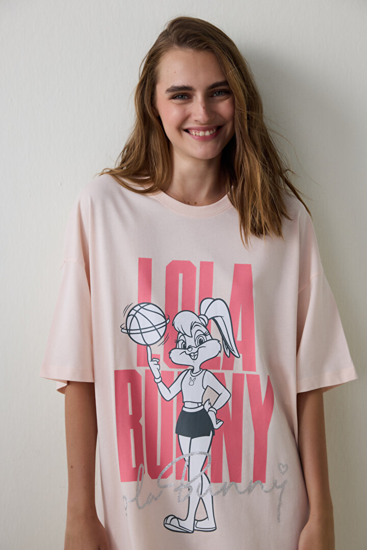 Açık Pembe Looney Tunes Lola Bunny Kısa Kollu Termal Etkisi Gecelik - 2