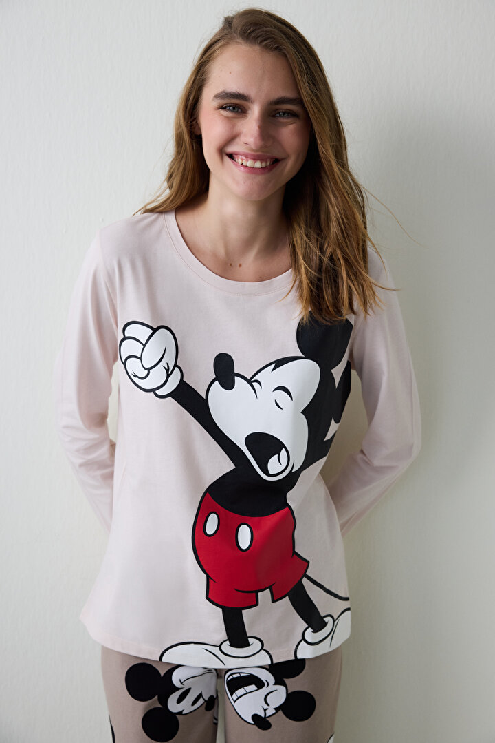 Bej Mickey Mouse Baskılı Bisiklet Yaka Uzun Kollu Pijama Takımı - 2
