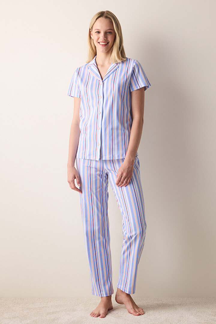 Colored Stripes Multi Colour Shirt Pant PJ Set - 2