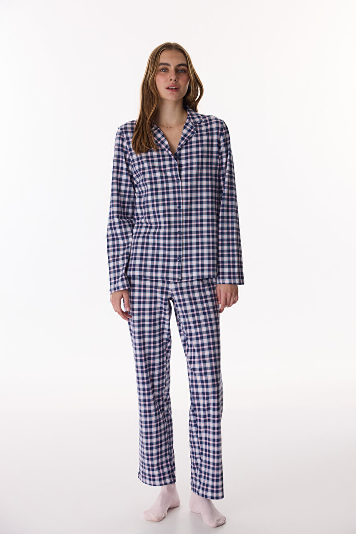 Koyu Mavi Colored Gingham Gömlek Pantolon Pijama Takımı - 1