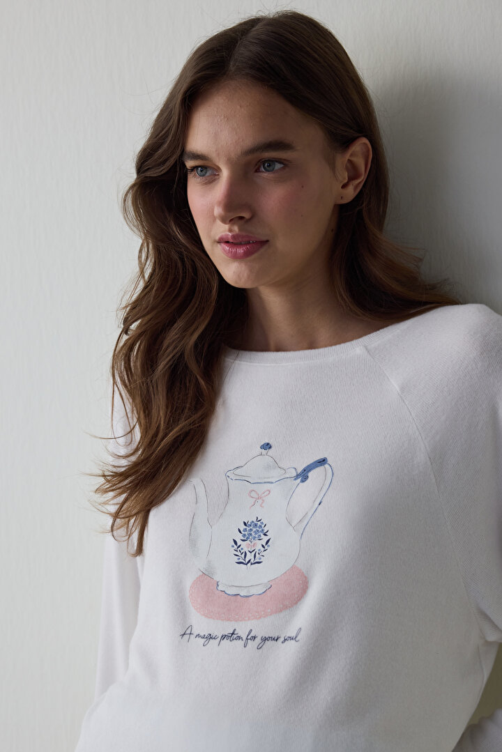 Kırık Beyaz Tea Time Bisiklet Yaka Termal Etkisi Sweatshirt Pijama Üstü - 2