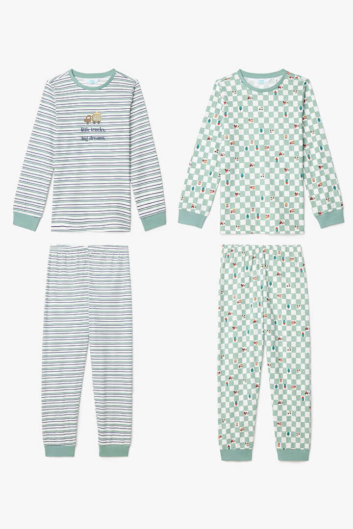 Kırık Beyaz Erkek Çocuk Little Truck Çizgili Uzun Kol 2'li Pijama Takımı - 1