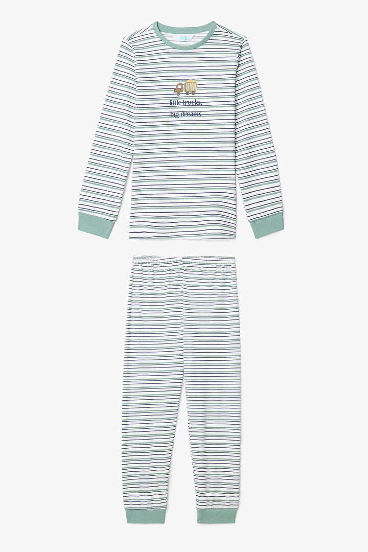 Kırık Beyaz Erkek Çocuk Little Truck Çizgili Uzun Kol 2'li Pijama Takımı - 2