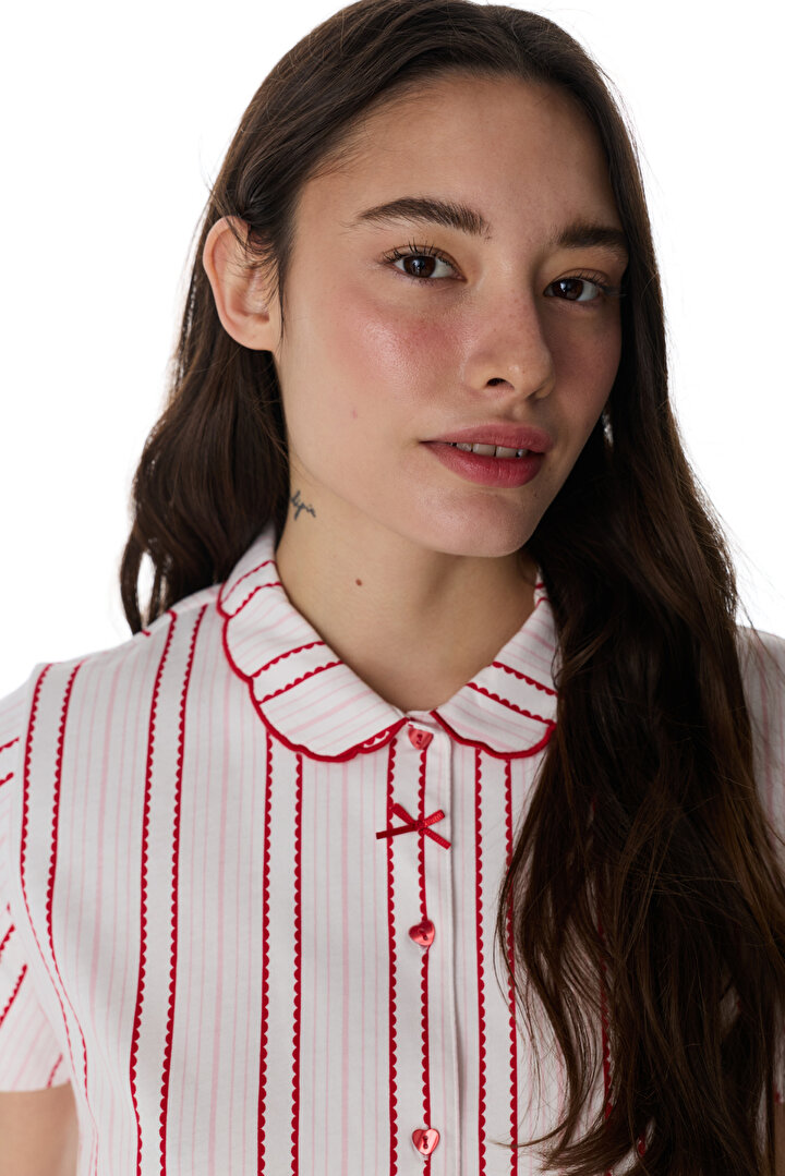 Kırık Beyaz Rosy Stripes Gömlek Pantolon Pijama Takımı - 2