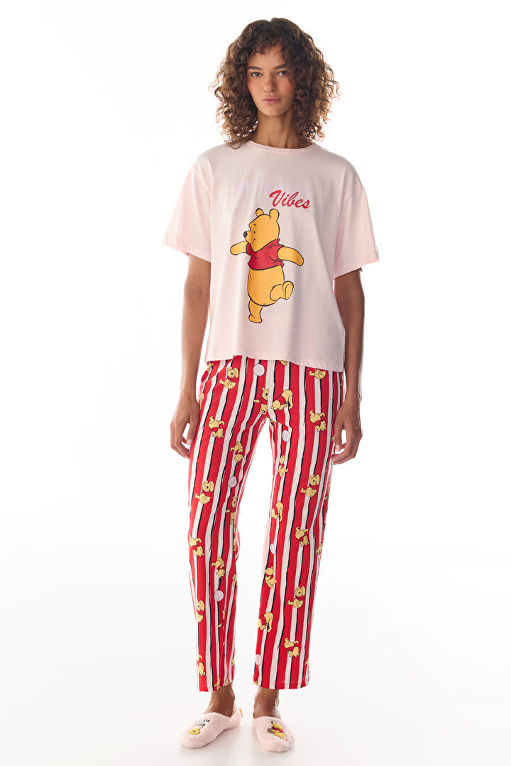 Pembe Monday Vibes Ayı Desenli Pantolon Kısa Kollu Pijama Takımı - 1
