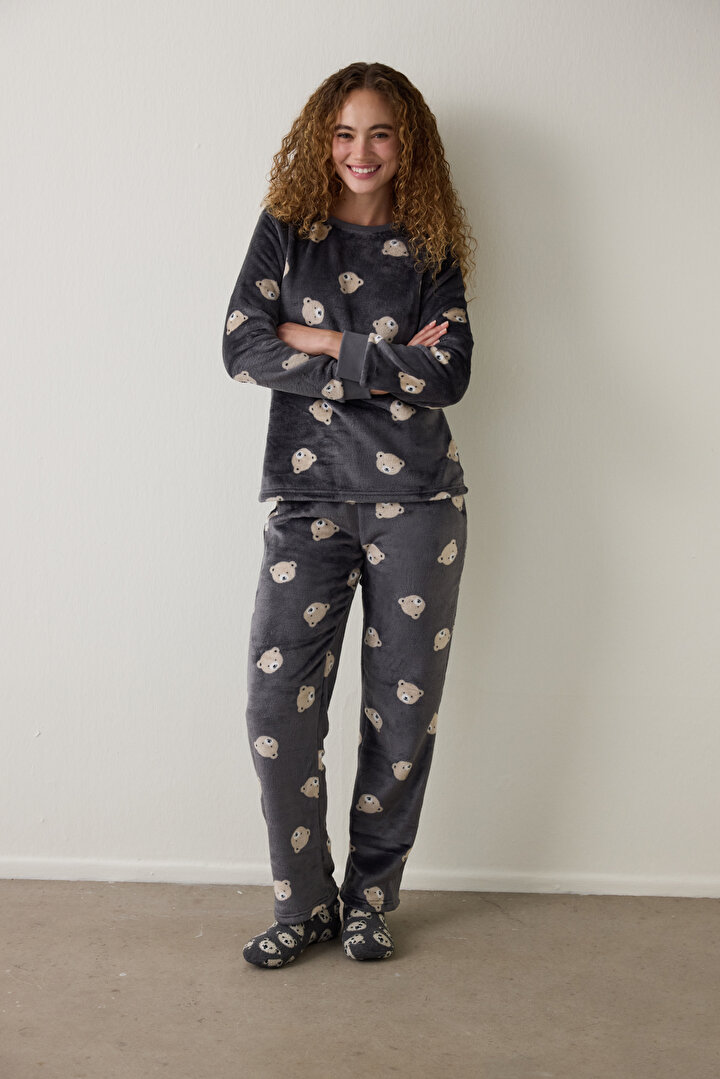 Koyu Gri Ayı Desenli Uzun Kollu Pijama Takımı - 2