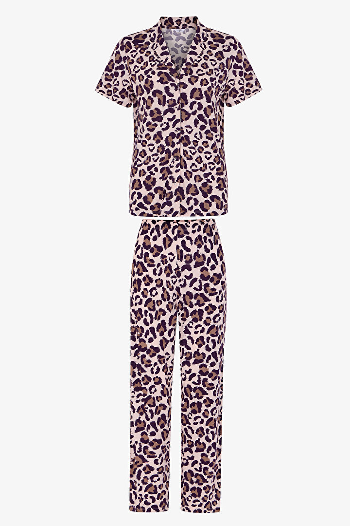 Pembe Collagen Leopar Desenli Kısa Kollu Gömlek Pantolon Pijama Takımı - 1