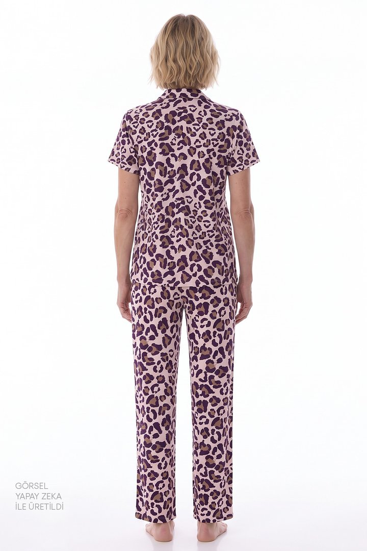 Pink Collagen Leopard Print Short Sleeve Shirt & Trouser Pyjama Set - 2