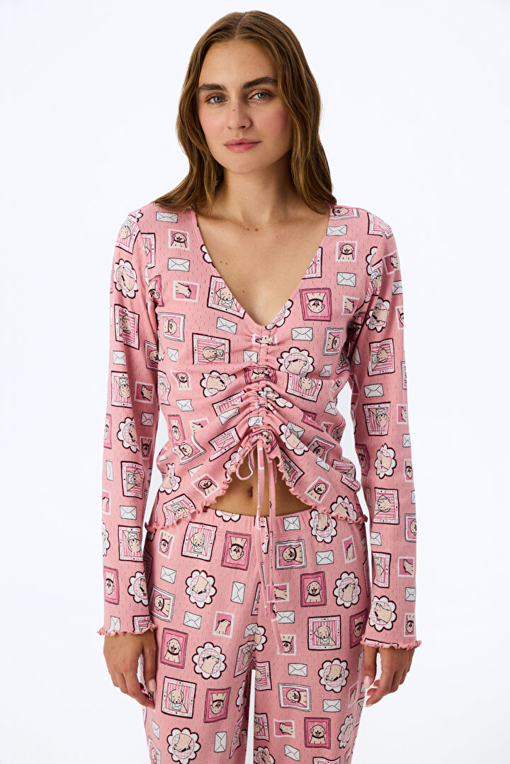 Pembe Postcard Pointel Uzun Kollu Tişört Pijama Üstü - 1