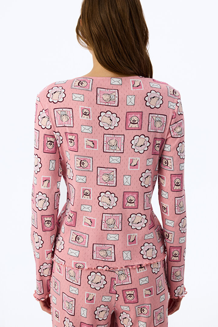 Pembe Postcard Pointel Uzun Kollu Tişört Pijama Üstü - 2