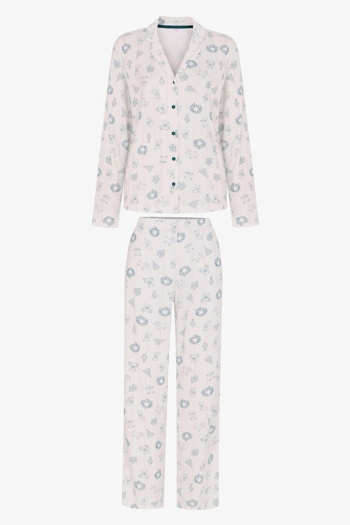 Ecru Winter Time New Year Print Long Sleeve Shirt & Trouser Pyjama Set - 1