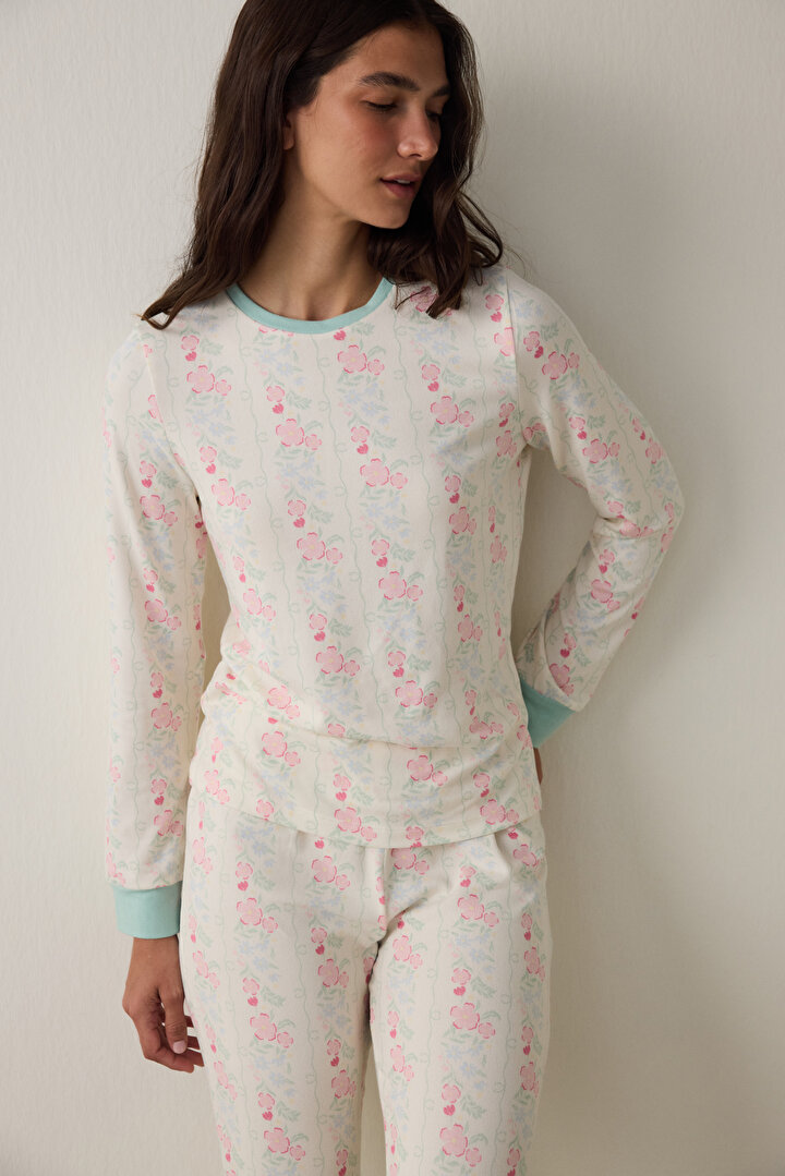 Gardenya Cute Flowers Termal Etkisi Bisiklet Yaka Uzun Kollu Pijama Üstü - 1