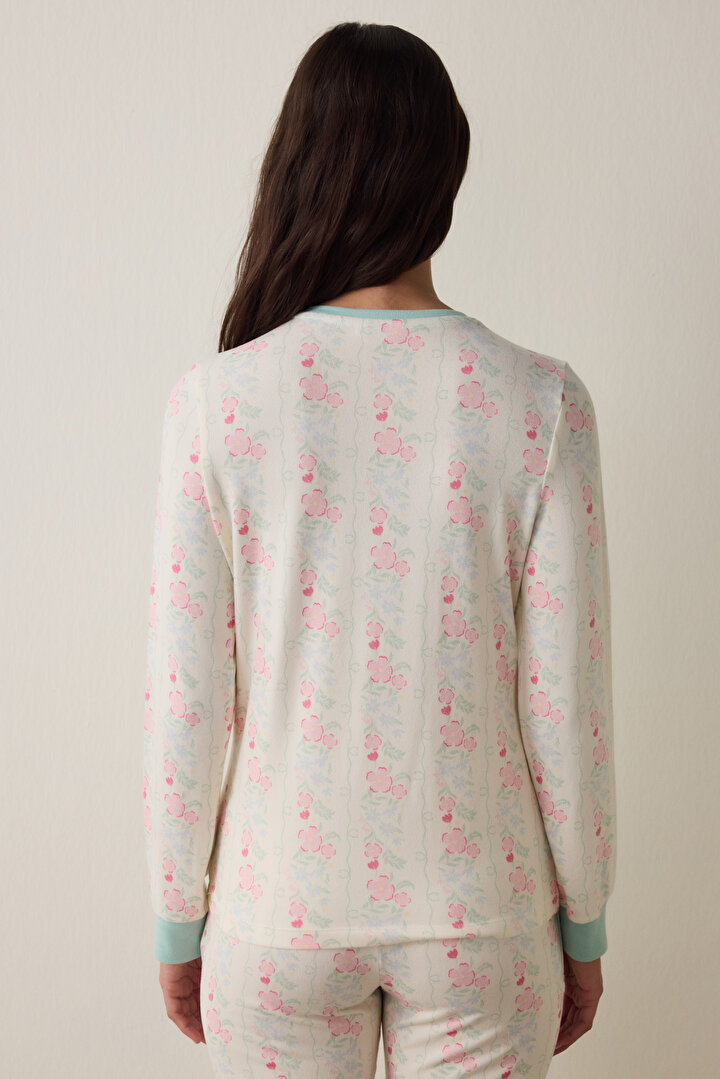 Gardenya Cute Flowers Termal Etkisi Bisiklet Yaka Uzun Kollu Pijama Üstü - 2