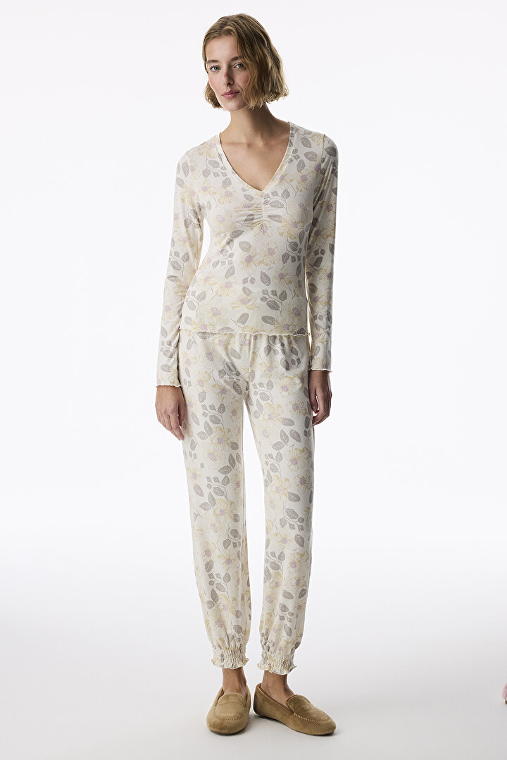 Ekru Bloom Çiçekli Uzun Kollu Pantolon Pijama Takımı - 1