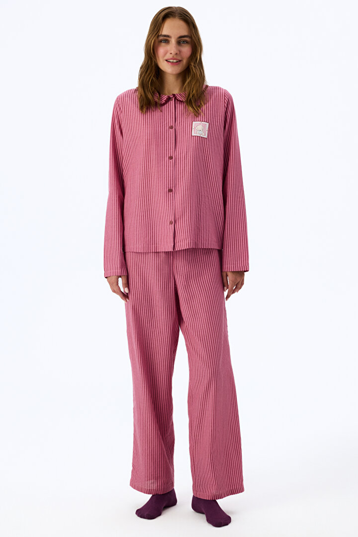 Dusty Rose Rosy Long Sleeve Shirt & Trouser Pyjama Set - 1