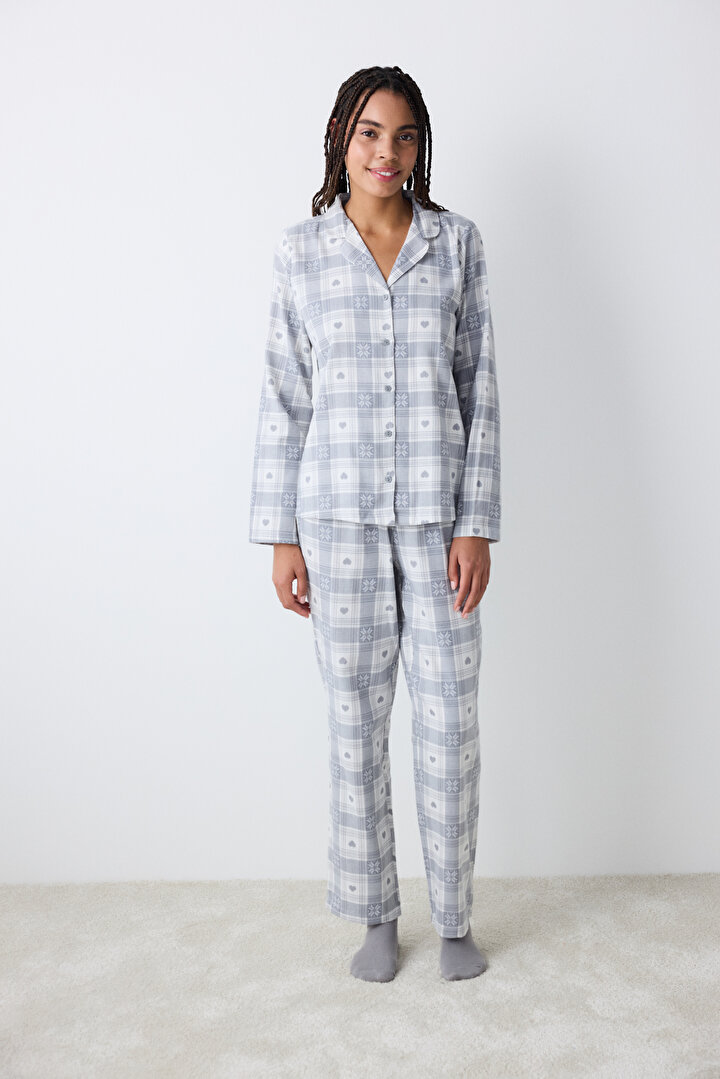 Grey Checked Dark Grey Shirt Pant PJ Set - 1