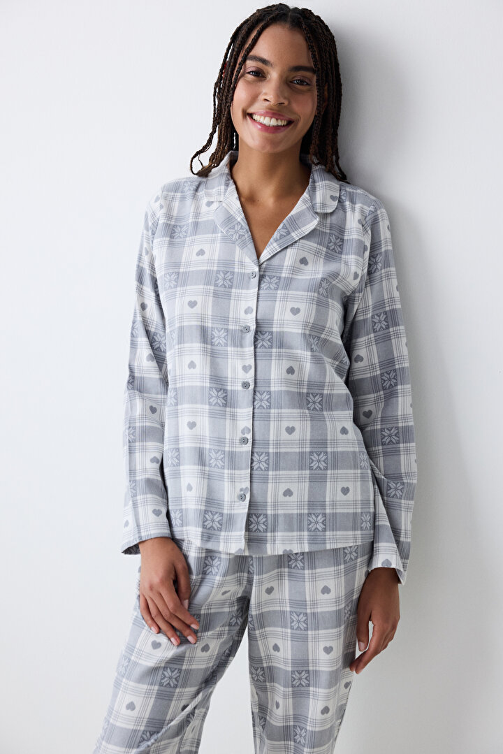 Grey Checked Dark Grey Shirt Pant PJ Set - 2