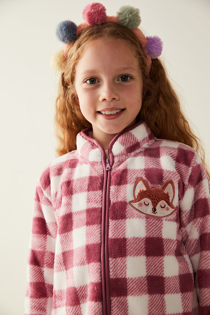 Kız Çocuk Kareli Tilki Baskılı Sweatshirt Hırka - 2