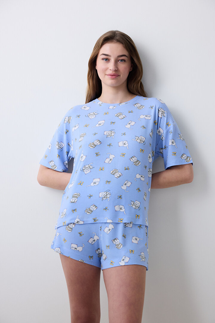 Bowtiful Printed Tshirt Light Blue PJ Top - 1