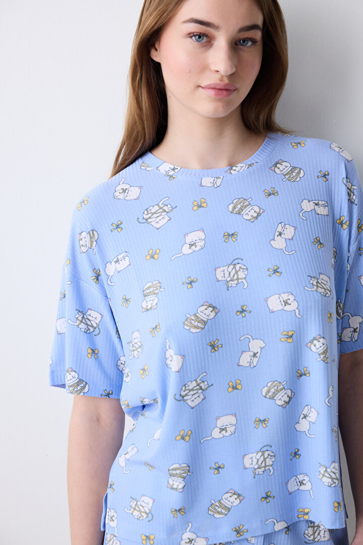 Bowtiful Printed Tshirt Light Blue PJ Top - 2