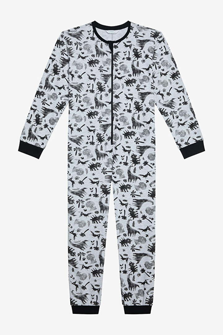 Light Gray Boys Melange Wild Dinosaur Patterned Long Sleeve Jumpsuit Pajamas - 1