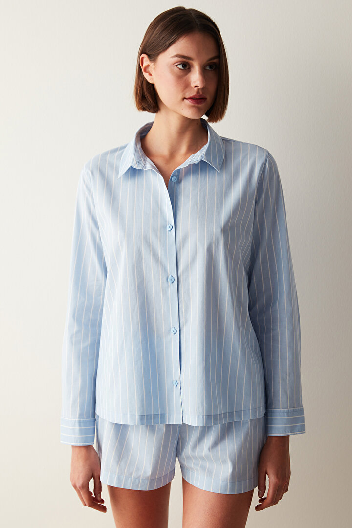 Elle Blue Striped Shirt Shorts Pyjamas Set - 2