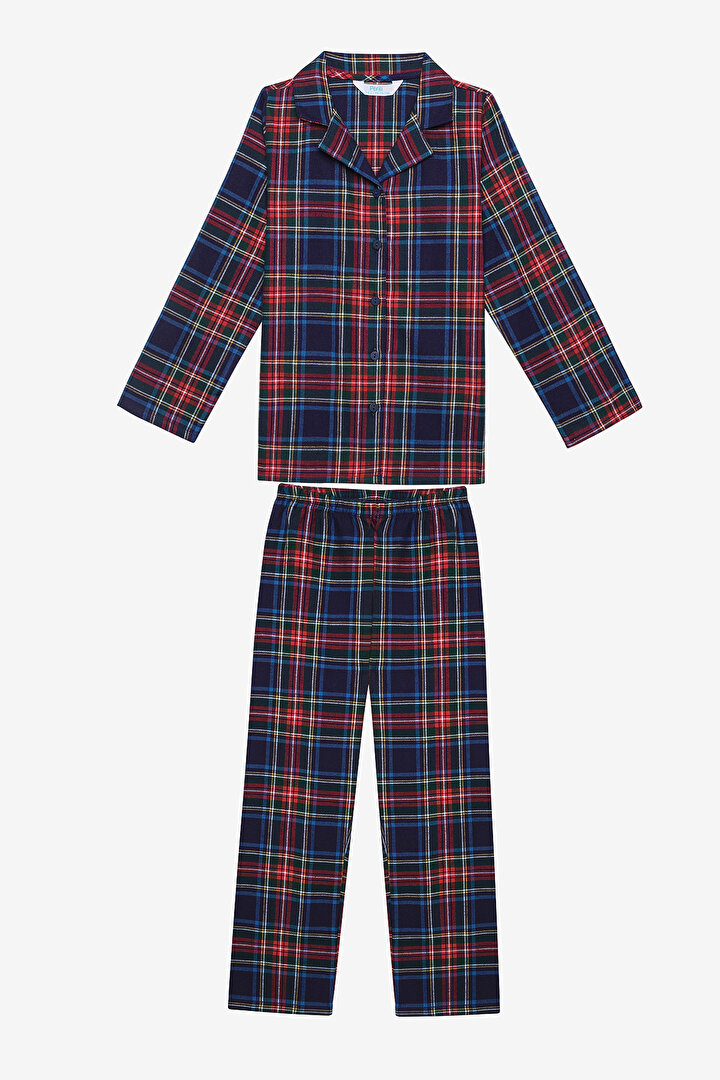 Pamuklu Unisex Çocuk Navy Plaid Fam Kırmızı Gömlek Pijama Takımı - 1