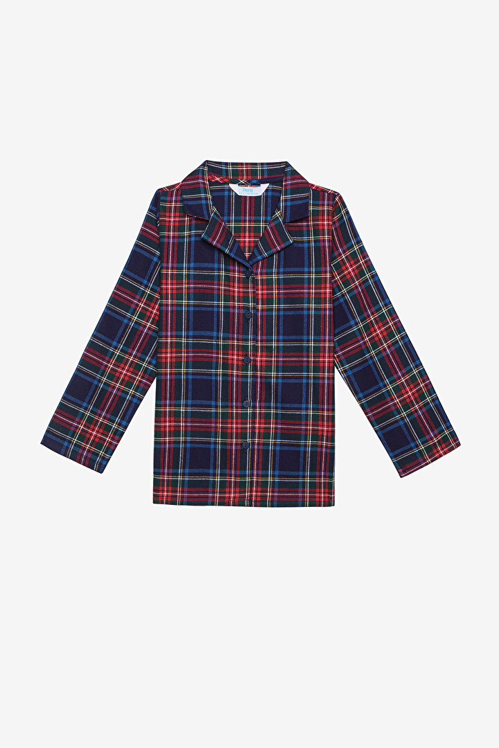 Pamuklu Unisex Çocuk Navy Plaid Fam Kırmızı Gömlek Pijama Takımı - 2