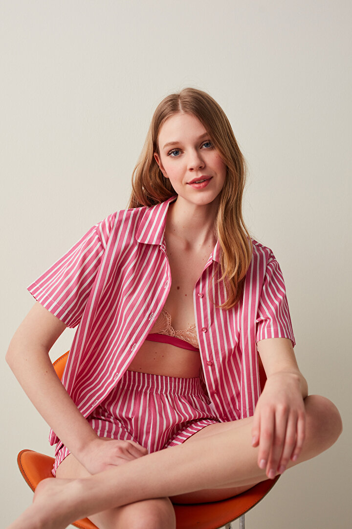 Berry Stripes Gömlek Şort Pijama Takımı - 1