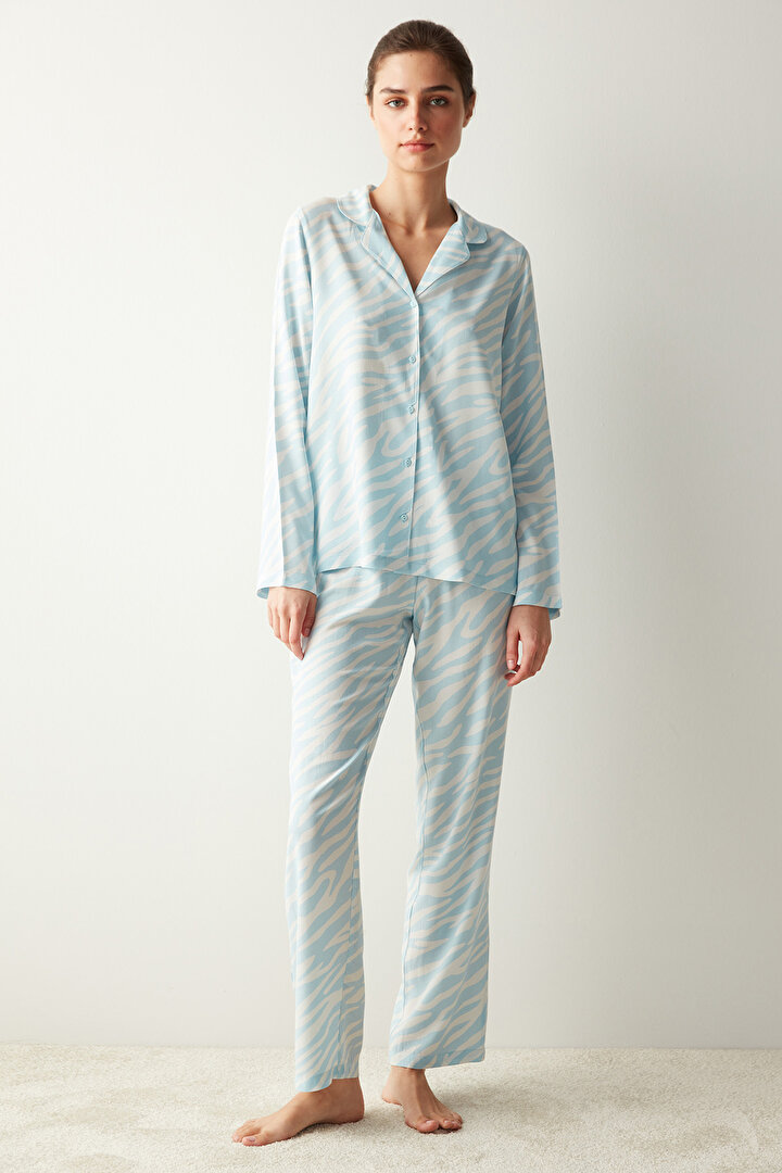 Base Mavi Zebra Gömlek Pantolon Pijama Takımı - 1