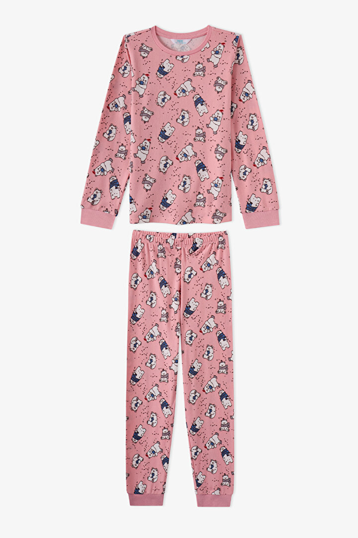 Kız Çocuk Pembe Snowy Bears Uzun Kollu Pijama Takımı - 1