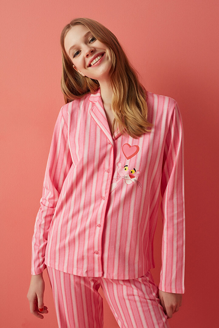 Şeker Pembe Stripy Pink Gömlek Pijama Takımı - 2