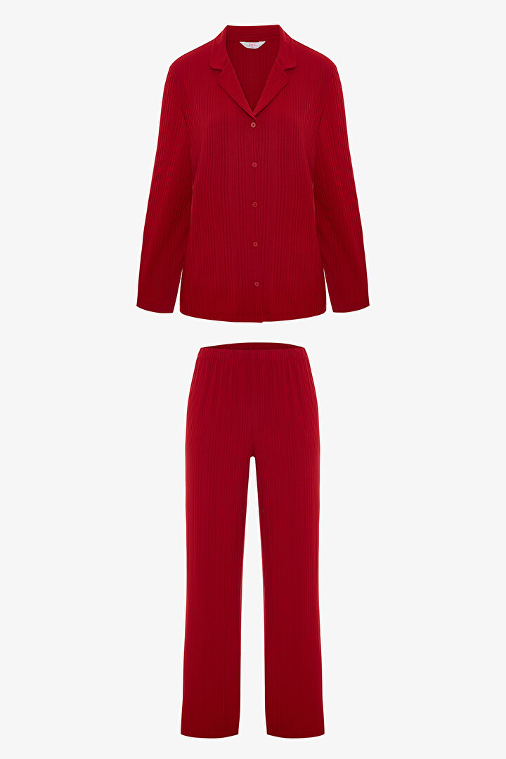 Red NY Time Ribbed Shirt Collar Long Sleeve Pajama Set - 2