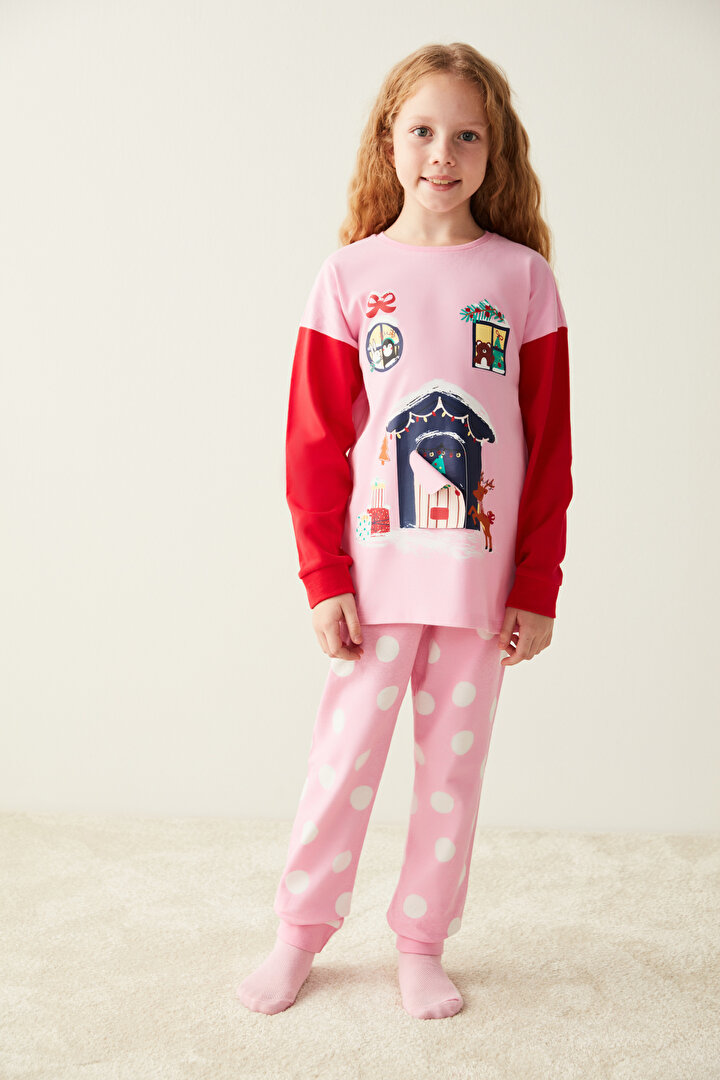 Açık Pembe Kız Çocuk Ev Desenli Pijama Takımı - 1