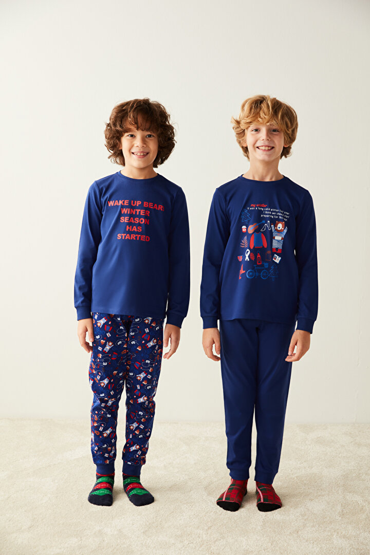 Lacivert Erkek Çocuk Slogan Baskılı 2li Pijama Takımı - 1