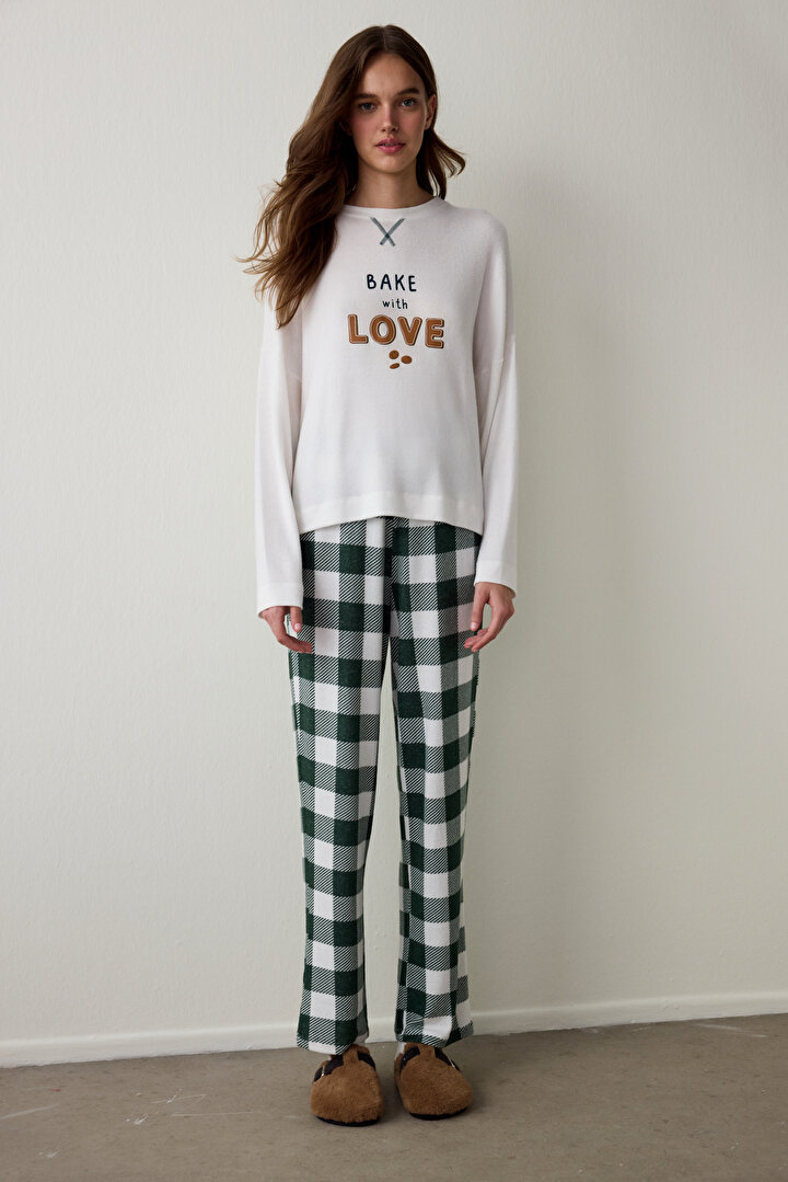 Koyu Yeşil With Love Ekoseli Termal Etkisi Pijama Altı - 1