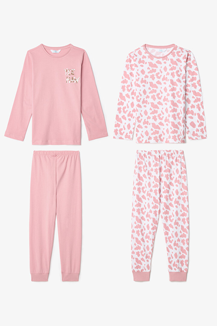 Pink Girls Cow Patterned Long Sleeve Pajama Set - 1