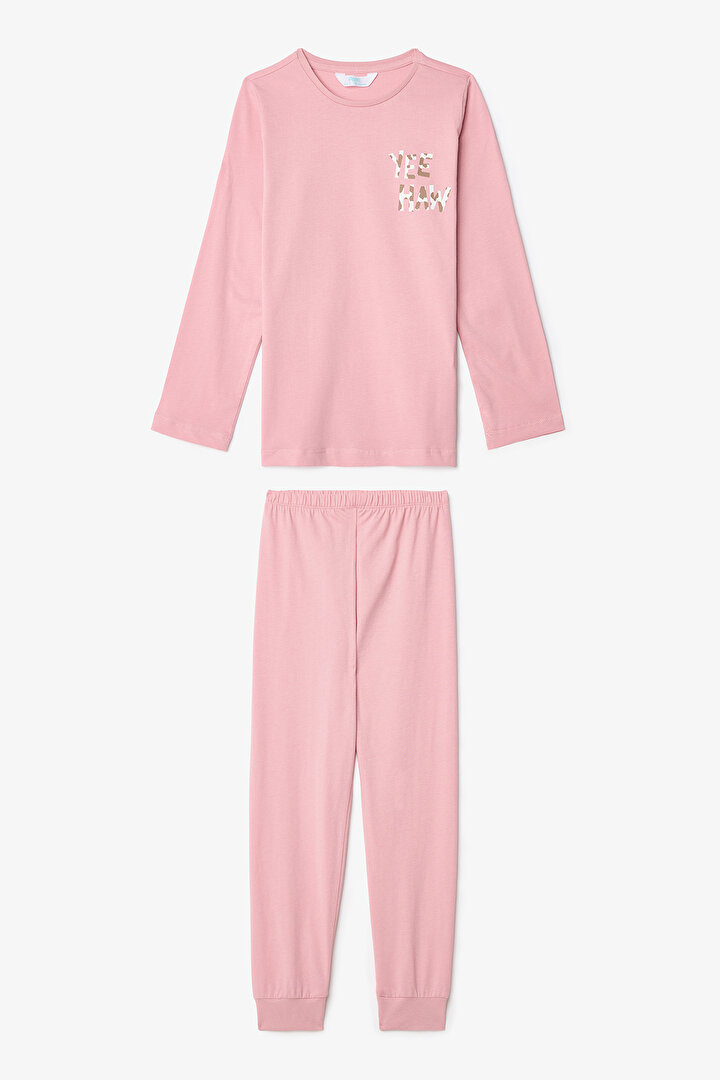 Pink Girls Cow Patterned Long Sleeve Pajama Set - 2