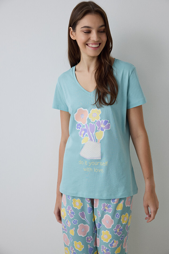Mint Yeşili With Love Çiçek Desenli V Yaka Kısa Kollu Pijama Takımı - 2