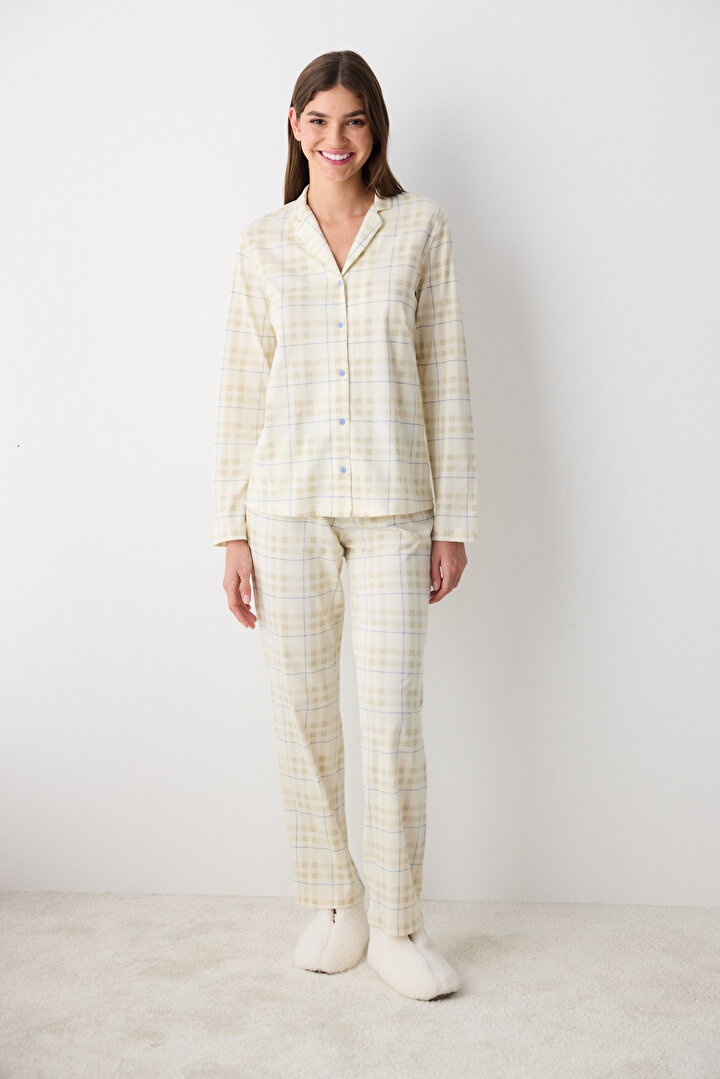 Ecru Checked Ecru Shirt Pant PJ Set - 2