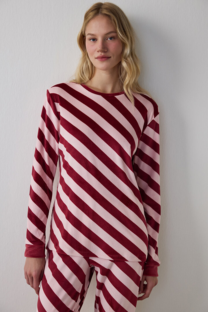 Gül Kurusu Winter Time Çizgili Bisiklet Yaka Pijama Takımı - 2