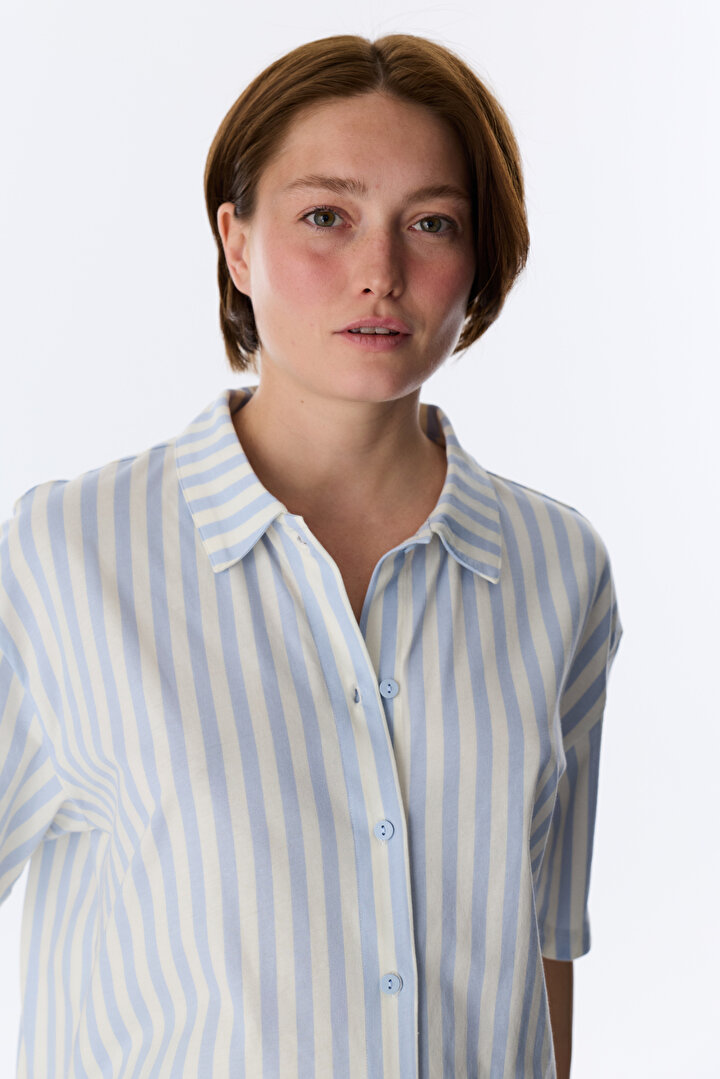 Mavi Cozy Club Çizgili Gömlek Pantolon Pijama Takımı - 2