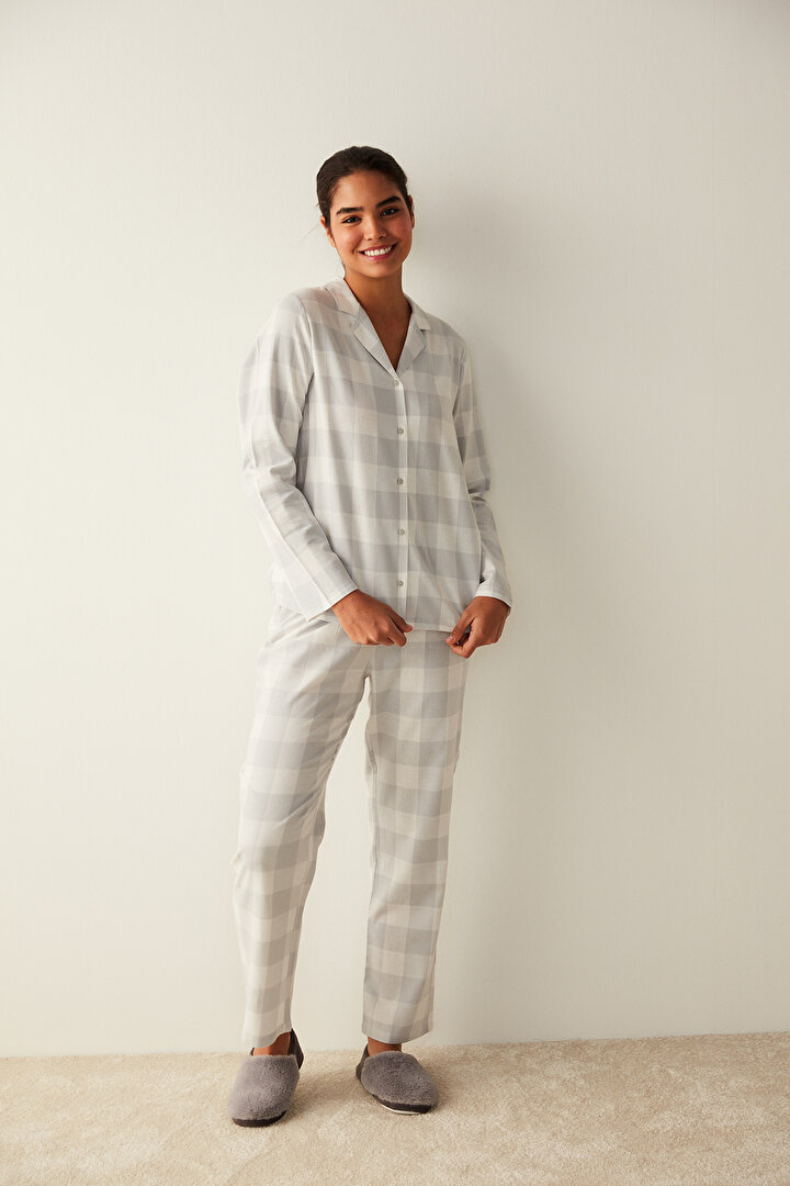 Gri Kareli Tişört Pantolon Pijama Takımı - 1