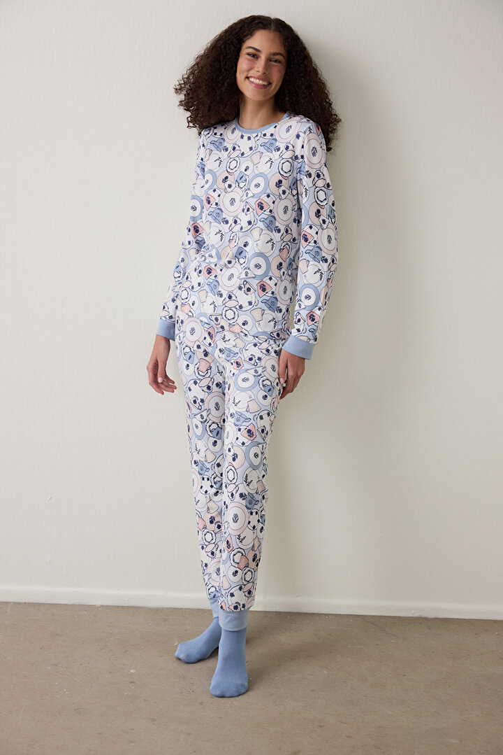 Açık Mavi Tea Party İçecek Desenli Bisiklet Yaka Pijama Takımı - 1