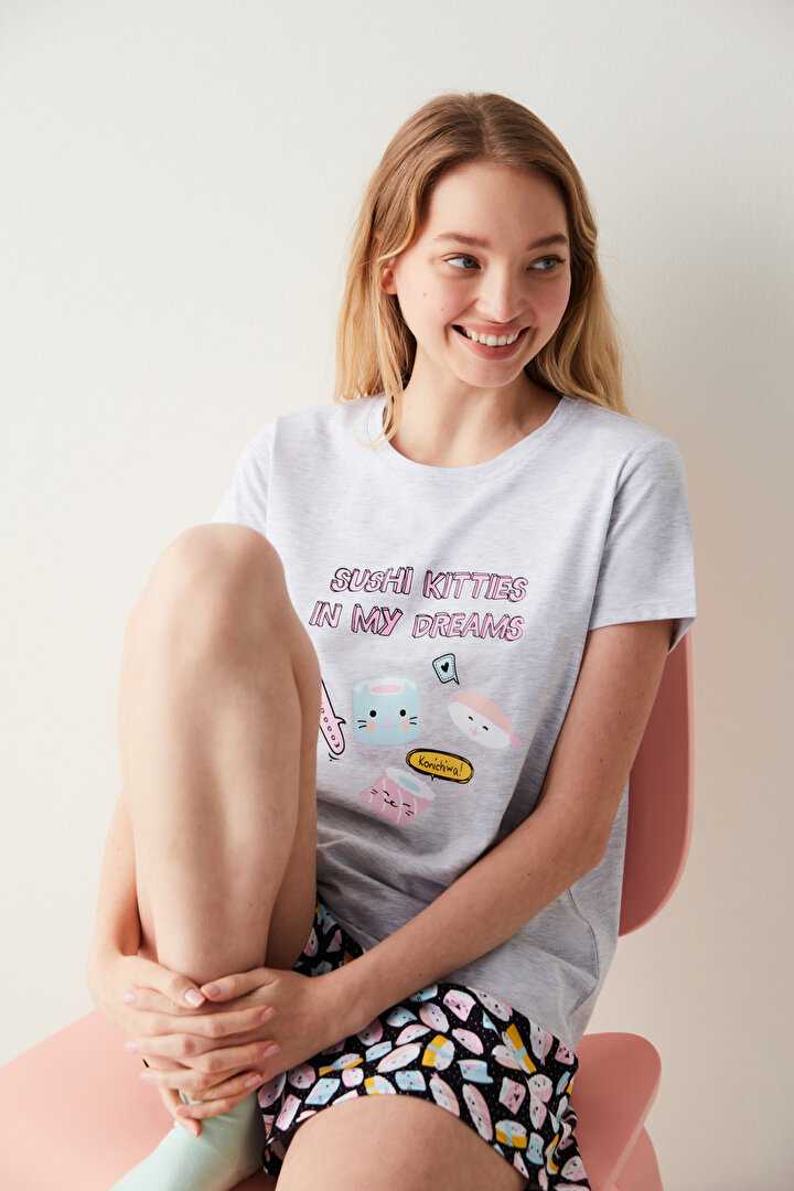 Sushi Kitties Slogan Baskılı Şortlu Pijama Takımı - 1