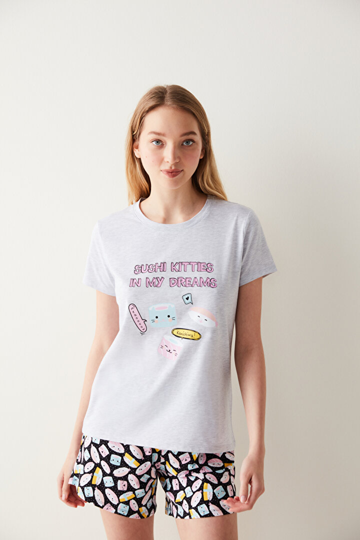 Sushi Kitties Slogan Baskılı Şortlu Pijama Takımı - 2