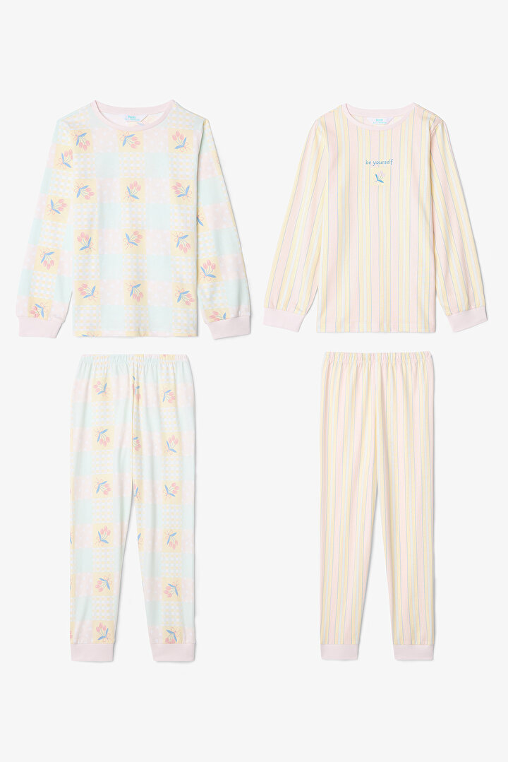Optik Beyaz Kız Çocuk Çıtır Çiçek Desenli Uzun Kol 2'li Pijama Takımı - 1