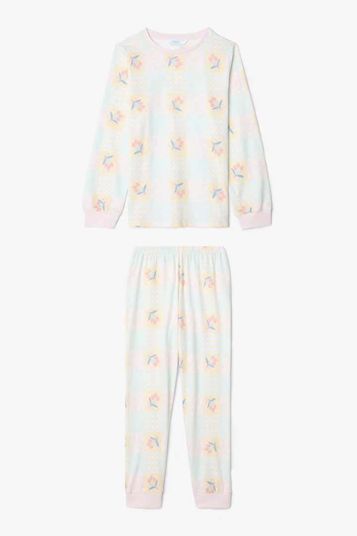 Optik Beyaz Kız Çocuk Çıtır Çiçek Desenli Uzun Kol 2'li Pijama Takımı - 2